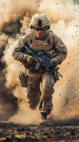 Soldier advances in tactical gear through dense explosion smoke