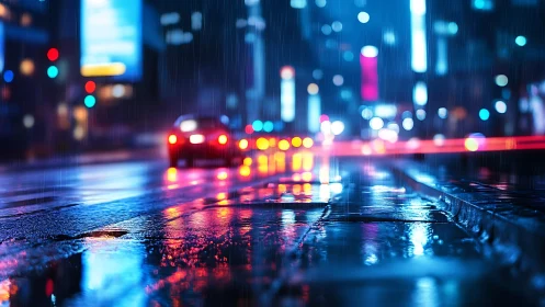 Rain-soaked urban roadway reflects defocused night traffic