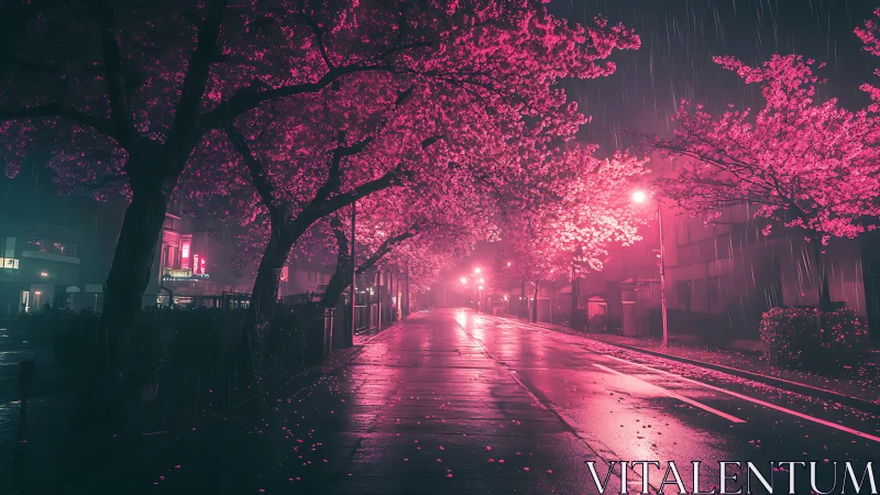 Nocturnal cherry blossom street under neon magenta rainfall glow