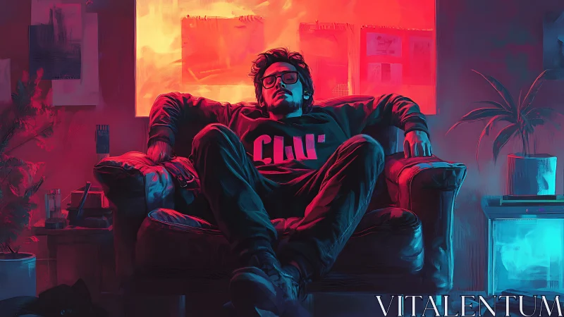 Seated man in armchair under contrasting red and blue lighting