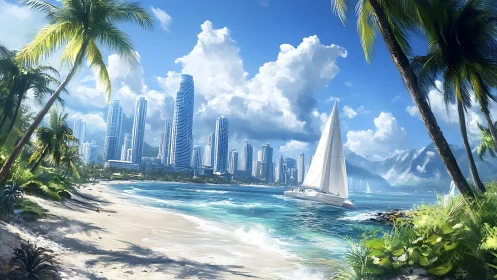 Coastal urban skyline with sailboat and tropical vegetation