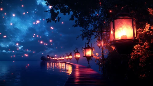 Curved lakeside walkway is illuminated by suspended lanterns