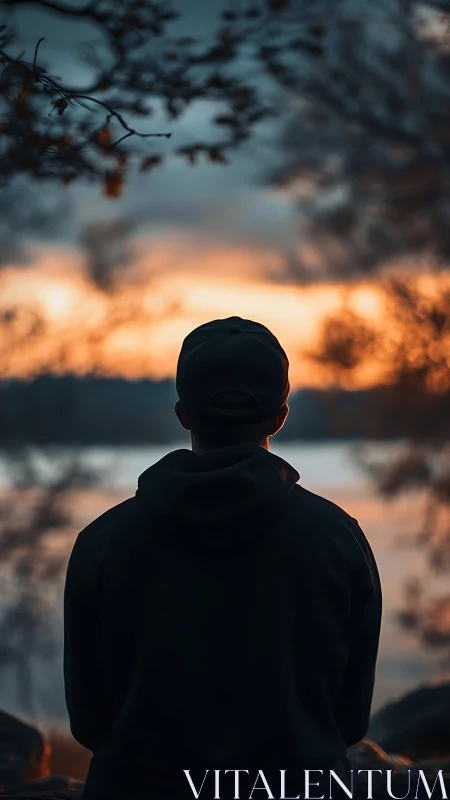 Solitary figure watches tranquil lakeside sunset in silence.
