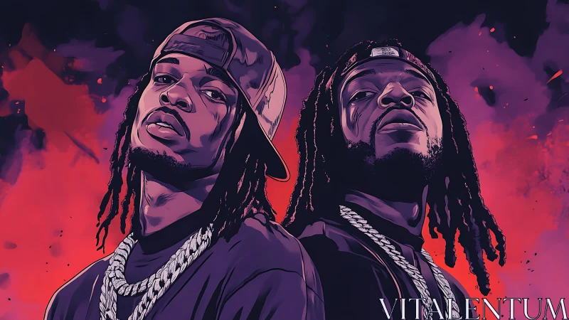 Dual hip-hop portraits in neon magenta atmospheric glow.