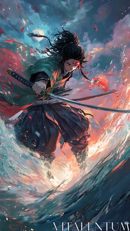 Samurai swordsman slashes through ocean spray in dynamic surge