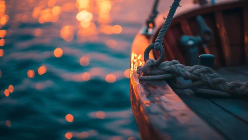 Sunset sparks on teal water beside a quiet wooden boat.