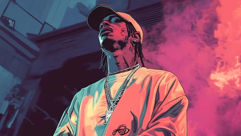Stylized street portrait of rapper amid pink smoke clouds.