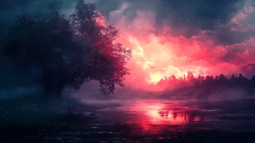 Moody lakeside tree against vivid red twilight sky.