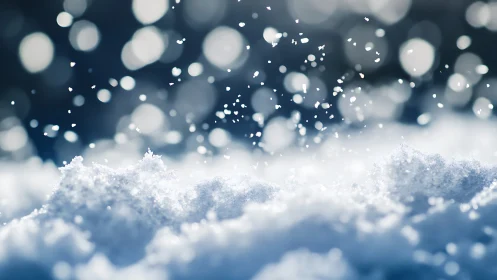 Macro snowfall scene isolates granular snow texture in bokeh field