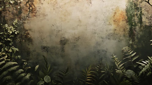 Aged stucco wall frames dense, shadowed tropical foliage
