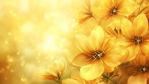 Golden flowers bloom radiantly in luminous soft-focus background