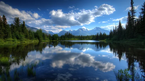 Mountain lake reflects conifer forest and clouded blue sky