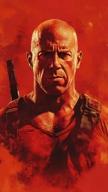 Stoic warrior in blazing red, carved from flame and grit.