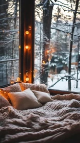 Window seat bed with warm bokeh lights against snowy forest view