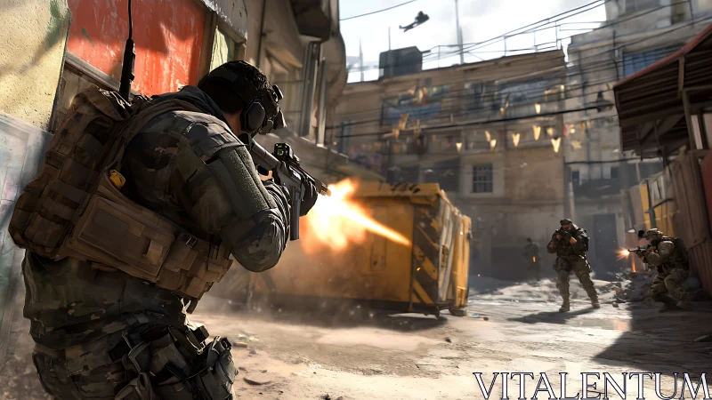Urban tactical firefight with soldiers in dynamic crossfire.
