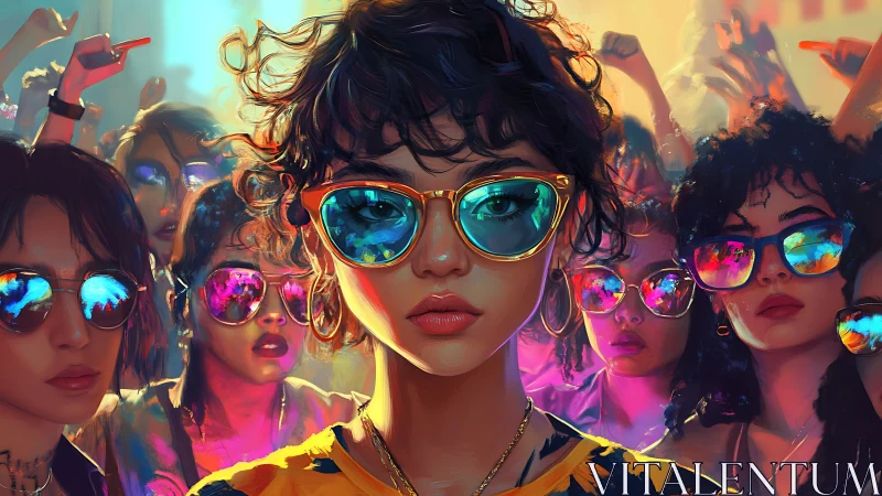 Central figure with sunglasses amid dense urban crowd scene.