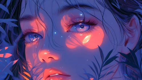 Close digital portrait with blue lighting and leaf shadows.