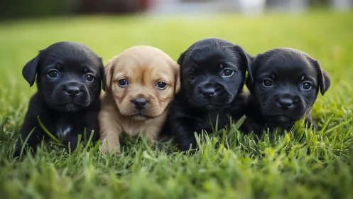 Four newborn puppies rest on lush green lawn in sunlight.