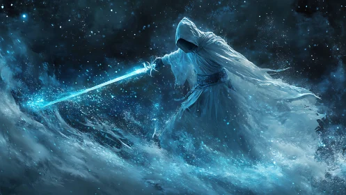 Hooded spectral warrior with glowing sword in icy void.