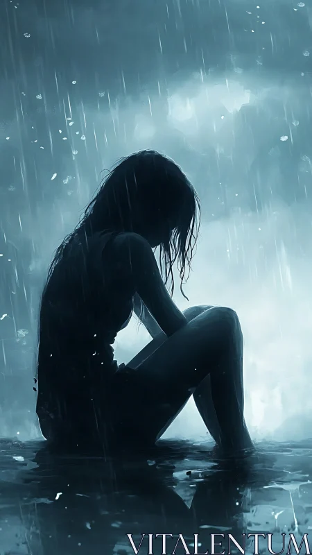 Solitary figure sitting in rain with reflective water surface.