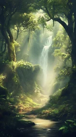 Misty Forest Waterfall Cascading Through Ancient Trees