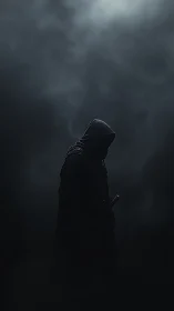 Shadowed wanderer pausing beneath a quiet storm of fog.