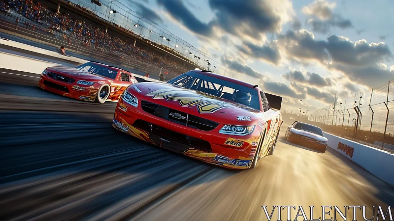 Red stock car surging ahead under dramatic sunset sky.