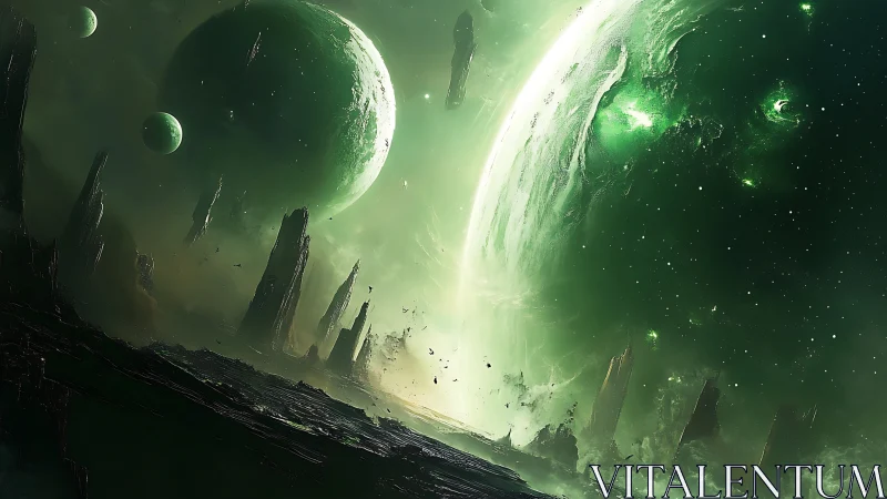 Emerald exoplanetary system looms over jagged alien terrain