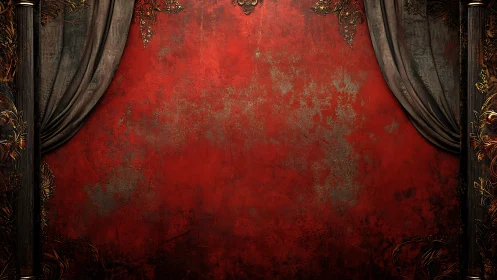 Ornate red theater backdrop frames a dramatic empty stage.