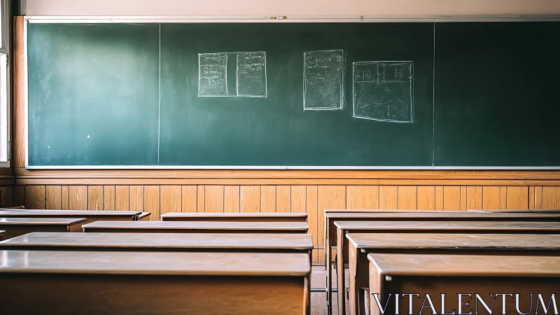 Empty wooden lecture hall with expansive chalkboard surface.
