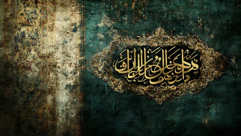 Islamic calligraphy panel on textured teal and gold background.