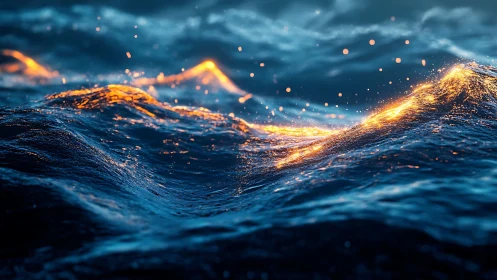 Molten twilight waves surging across a luminous ocean.