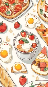 Playful brunch spread illustration with pizza, eggs, and fruit.