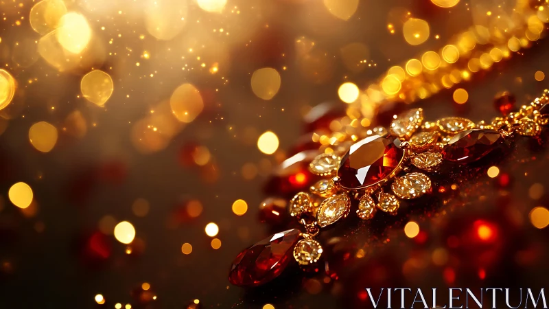 Gold necklace with red gemstones in defocused light field.