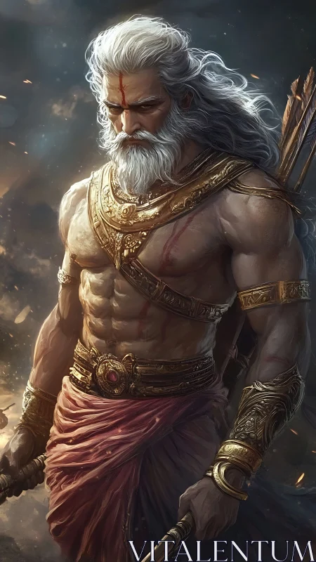 Mythic warrior saint stands amid embers in solemn resolve