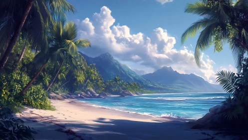 Tropical Paradise Beach with Mountain Vista.