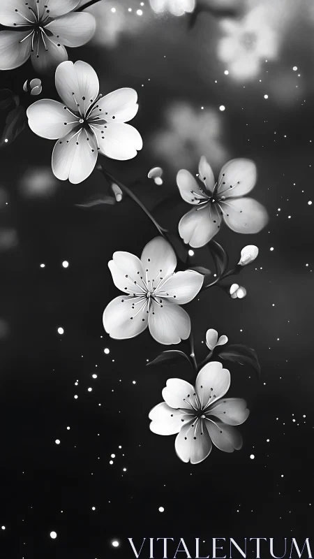 Delicate Cherry Blossoms on Dark Background with Bokeh Particles.