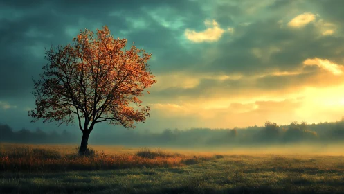 Solitary autumn tree under glowing misty sunrise sky.