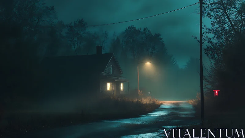 Foggy rural road with lit house and eerie streetlamp glow.