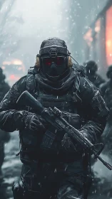 Snowbound special forces soldier advancing through chaos.