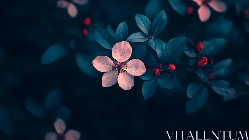 Pink Five-Petal Flower with Teal Foliage in Nocturnal Bokeh Setting
