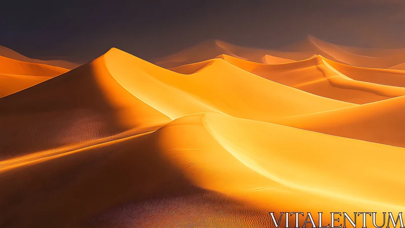Crescent sand dunes under low sun with dramatic shadow gradients