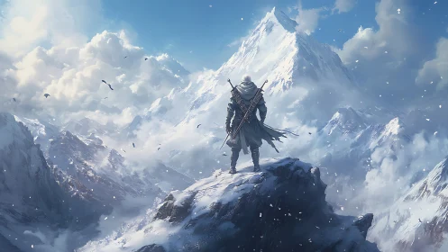 Solitary armored wanderer surveys vast snowbound mountain range