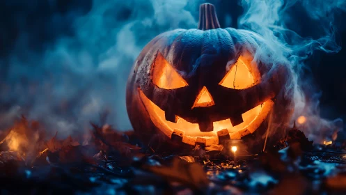 Carved jack-o-lantern displays internal light amid ground fog