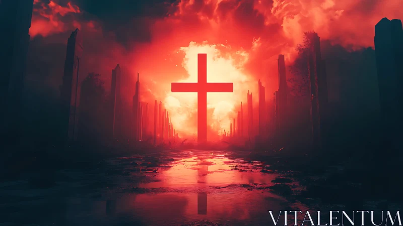 Luminous cross over flooded ruins in crimson stormlight.