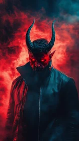 Horned demon figure emerges from red smoke in darkness