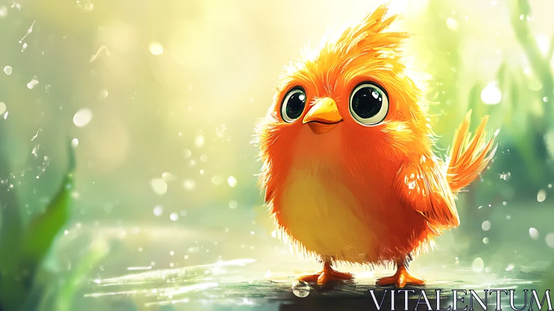 Sunny forest chick with luminous eyes in soft bokeh light.