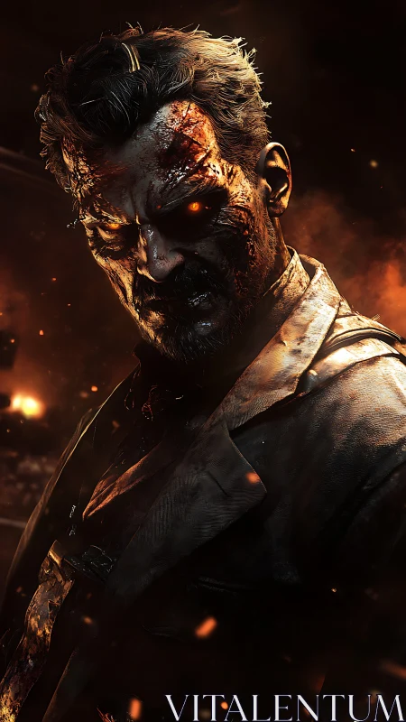 Burned undead man glares through embers with glowing eyes