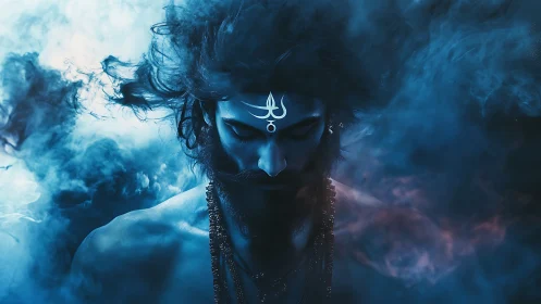 Divine figure emerges from swirling blue cosmic smoke