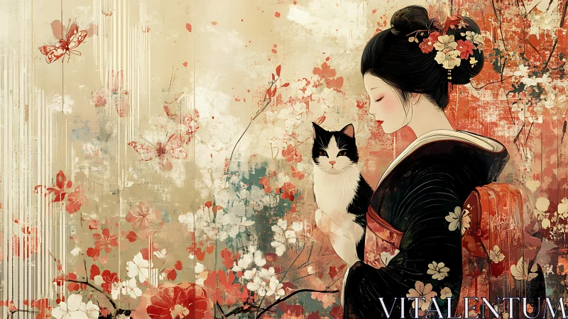 Japanese woman in kimono holding cat amid floral motifs.